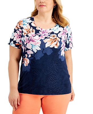 JM Collection Plus Size Jacquard Floral-Print T-Shirt, Created for Macy ...