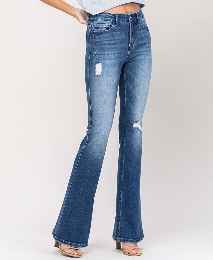 VERVET Women's High Rise Seamless Waistband Distressed Flare Jeans ...