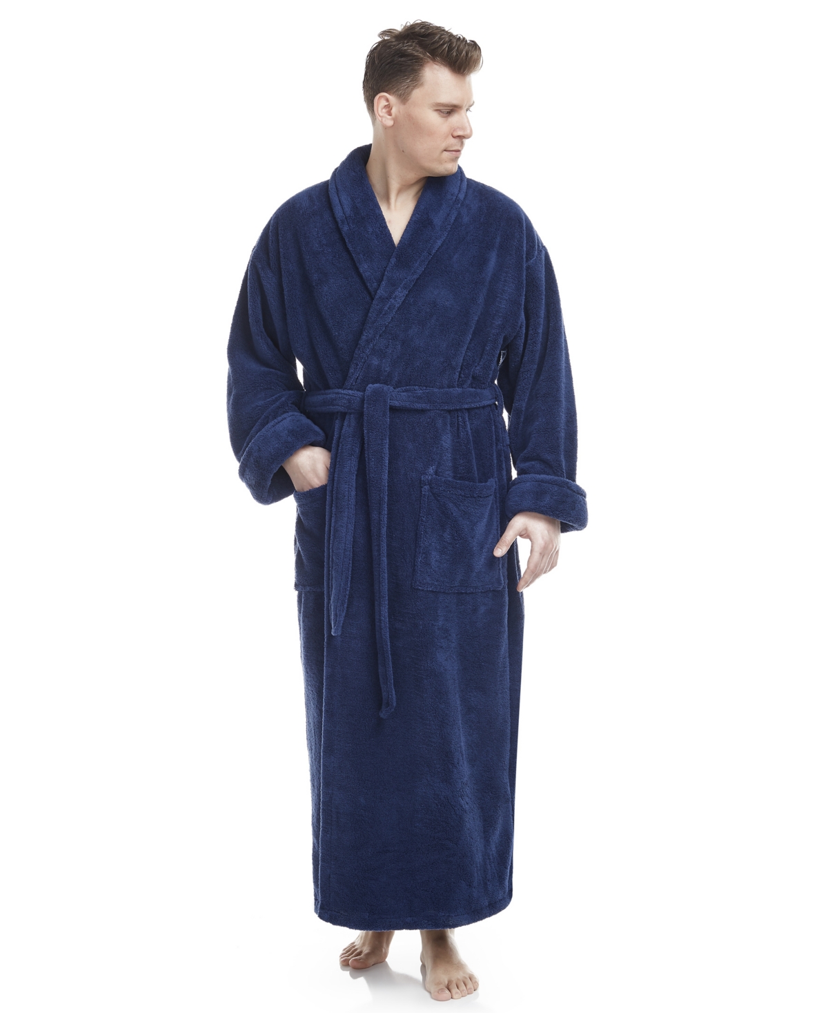 Men's Shawl Collar Full Ankle Length Fleece Bathrobe - Black
