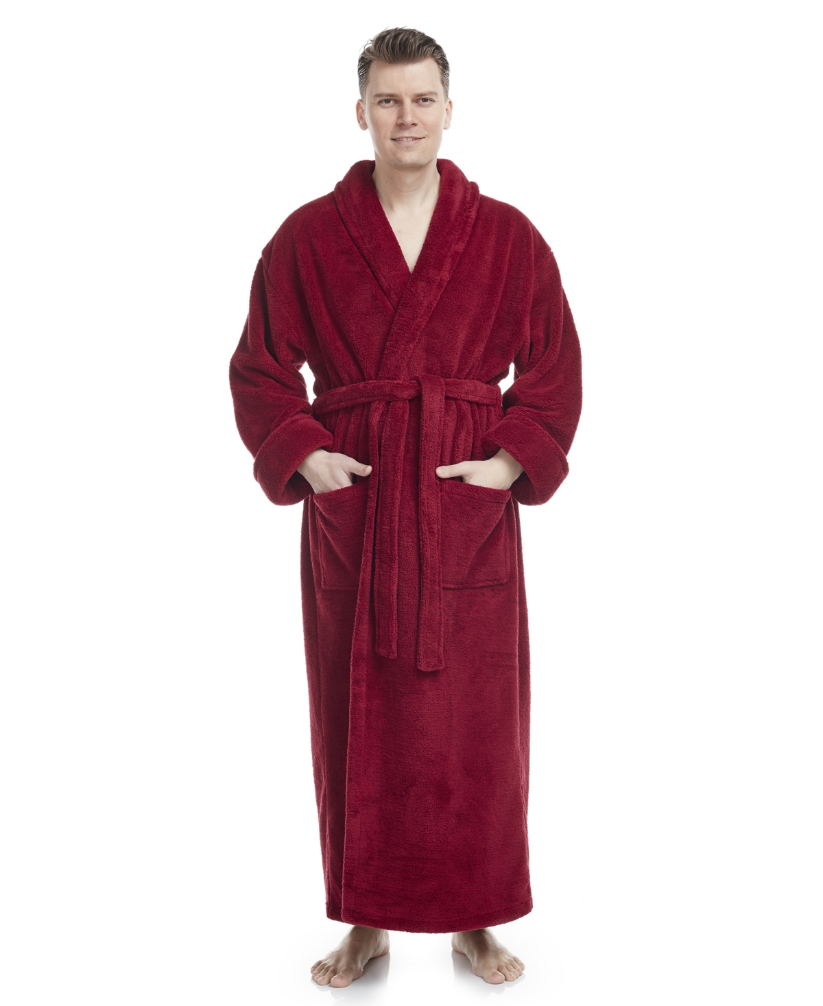 Men's Shawl Collar Full Ankle Length Fleece Bathrobe - Wine Red
