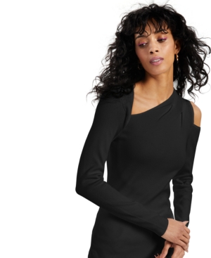 Inc International Concepts Asymmetrical Cold-shoulder Sweater, Created For Macy's In Deep Black