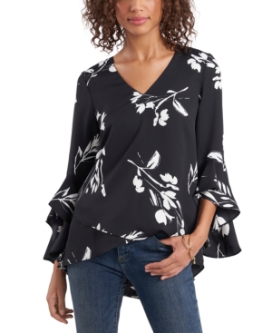 Vince Camuto Plus Size Flutter Sleeve Floral Whisps V-neck Tunic In Rich Black