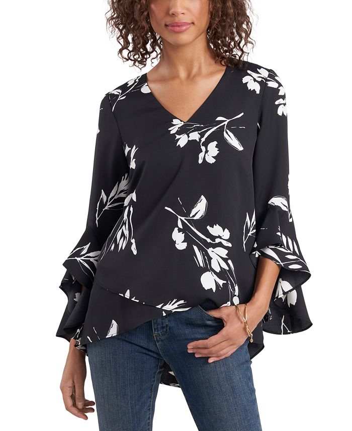 Vince Camuto Women's Floral Whisper Printed Flutter-Sleeve Blouse - Macy's