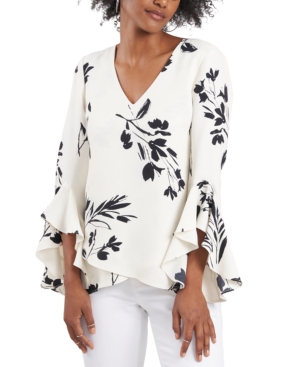 Vince Camuto Petite Flutter Sleeve Floral Whisps V- Neck Tunic In New Ivory