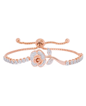 Macy's Diamond Accent Rose Flower Adjustable Bolo Bracelet In Rose Gold Plate Or Gold Plate In Rose Gold