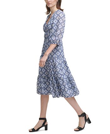 Calvin Klein Printed Blouson-Sleeve Midi Dress - Macy's