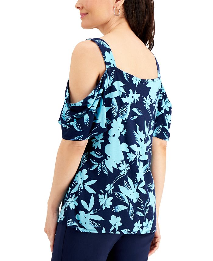 Jm Collection Printed Cold-Shoulder Tunic Top Blue Size 2XL