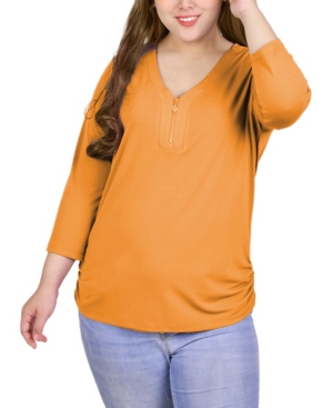 Ny Collection Plus Size Long Sleeve Crepe Knit V-neck Top With Zipper In Honey Ging