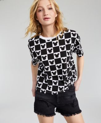 Juniors' Cotton Mickey-Print Checker-Grid T-Shirt   