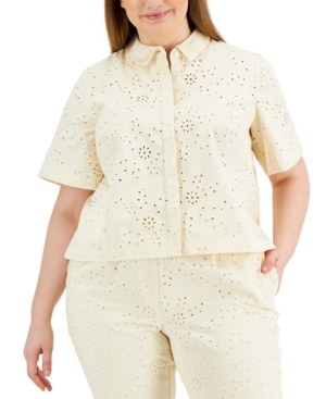 Alfani Plus Size Eyelet Short-sleeve Shirt, Created For Macy's In Antique White