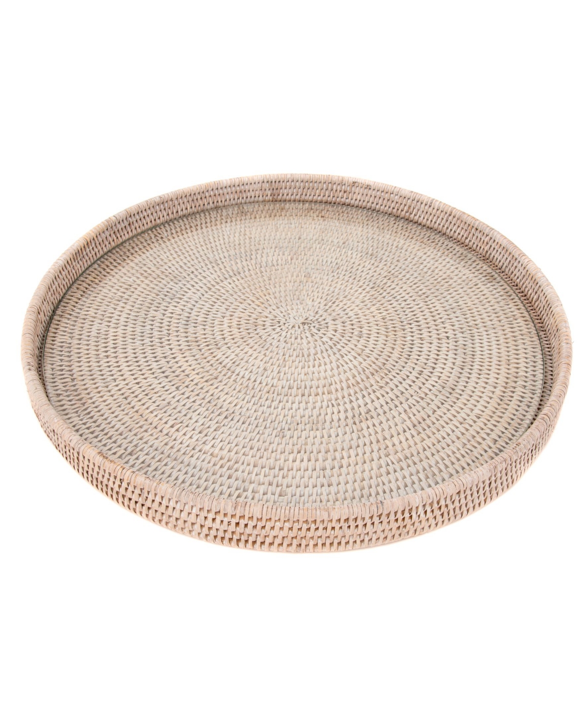 Artifacts Trading Company Artifacts Rattan Round Serving-ottoman Tray With Glass Insert In Open White
