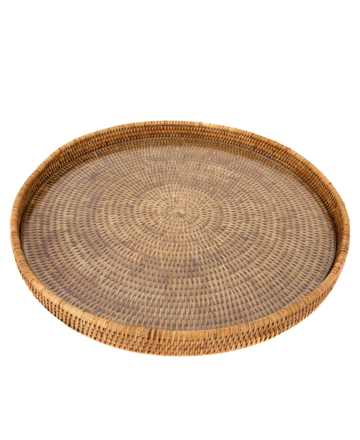 Artifacts Trading Company Artifacts Rattan Round Serving-ottoman Tray With Glass Insert In Medium Brown