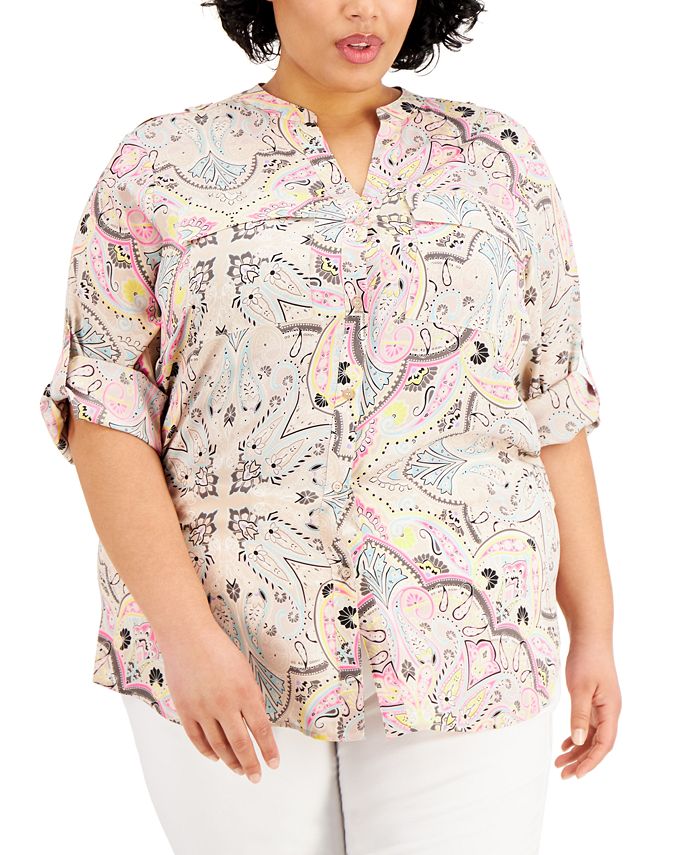 Calvin Klein Plus Size Abstract-Print Roll-Tab Shirt & Reviews - Tops - Plus  Sizes - Macy's