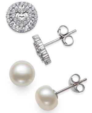 Macy's 2-pc. Set Cultured Freshwater Pearl (7mm) & Cubic Zirconia Stud Earrings In Sterling Silver In Sterling Silver