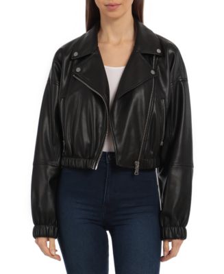 Avec Les on sale Filles Cropped Faux Leather with Denim Details Biker Jacket Size S