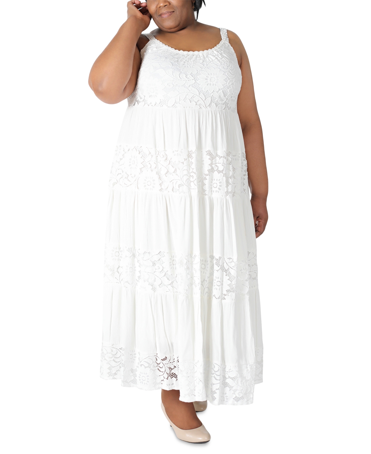 Plus Size Lace Scoop-Neck Tiered Midi Dress - White