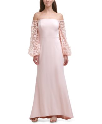 eliza j floral appliqué off shoulder gown