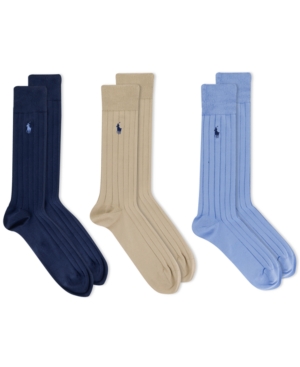 Polo Ralph Lauren Men's 3-pk. Super-soft Ribbed Dress Socks In Light Blue/khaki/navy