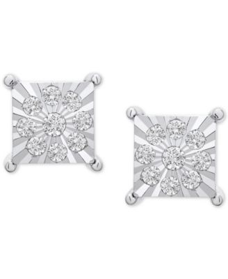 Men's Diamond Cluster Miracle Plate Square Stud Earrings (1/4 ct. tw) in Sterling Silver