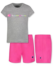 Little Girls Colorblock Script T-shirt and Flatback Mesh Shorts, Set of 2