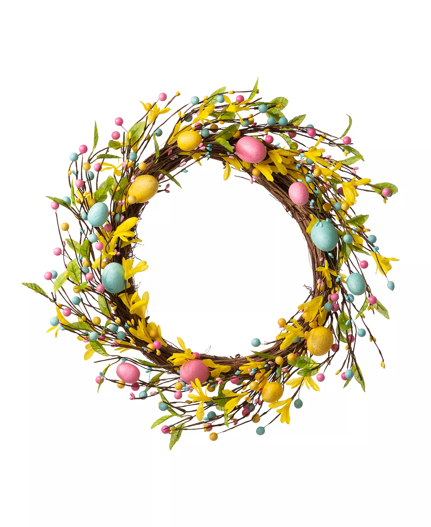 A brown twig wreath with pink, yellow, and blue Easter eggs and yellow flowers