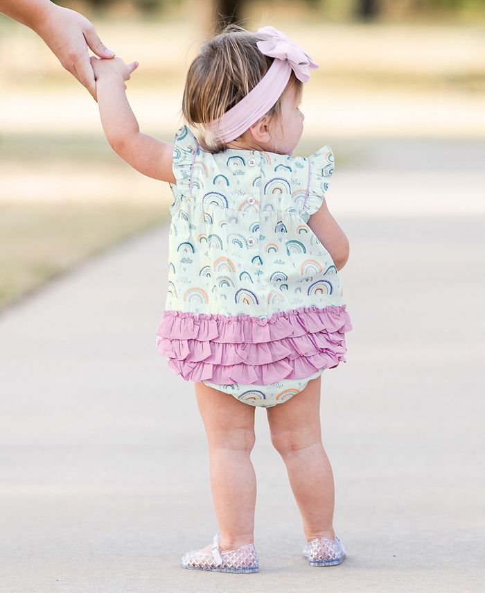 RuffleButts Baby Girls Woven Bubble Romper and Bow Headband Set