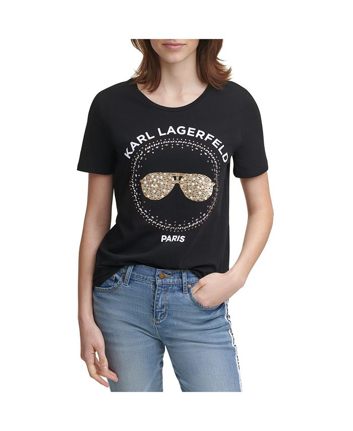 overdracht onze het kan Karl Lagerfeld Paris Women's Sequin Sunglasses Tee & Reviews - Tops - Women  - Macy's