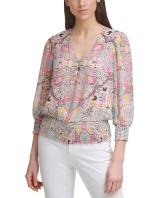 Calvin Klein - Paisley-Print Smocked V-Neck Top