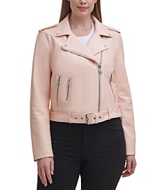 Plus Size Faux Leather Belted Motorcycle Jacket