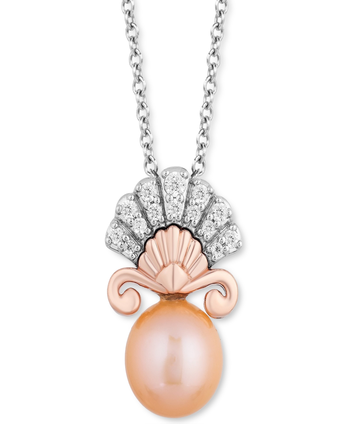 Enchanted Disney Fine Jewelry Pink Cultured Freshwater Pearl (8mm) Diamond (1/7 ct. t.w.) Ariel Shell Pendant Necklace in Sterling Silver & 14k Rose Gold, 16" + 2" extender