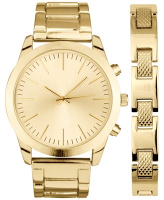 Photo 1 of Men's Brushed Silver-Tone or Gold-Tone Bracelet Watch 46mm Gift Set, Created for Macy's