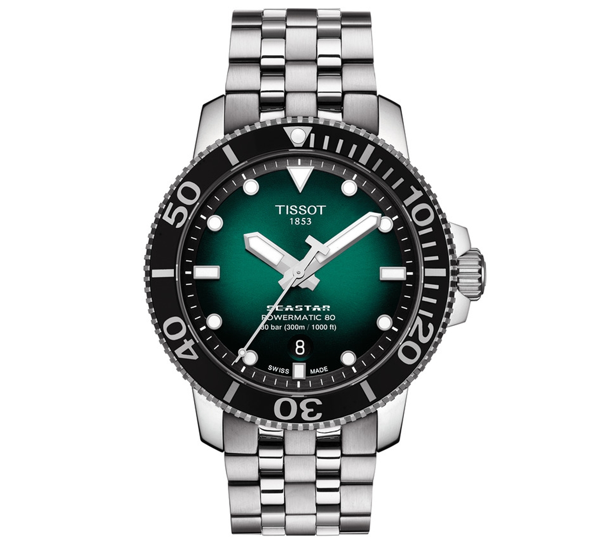 Shop Tissot Men's Swiss Automatic Seastar 1000 Stainless Steel Bracelet Watch 43mm In Green Gradient