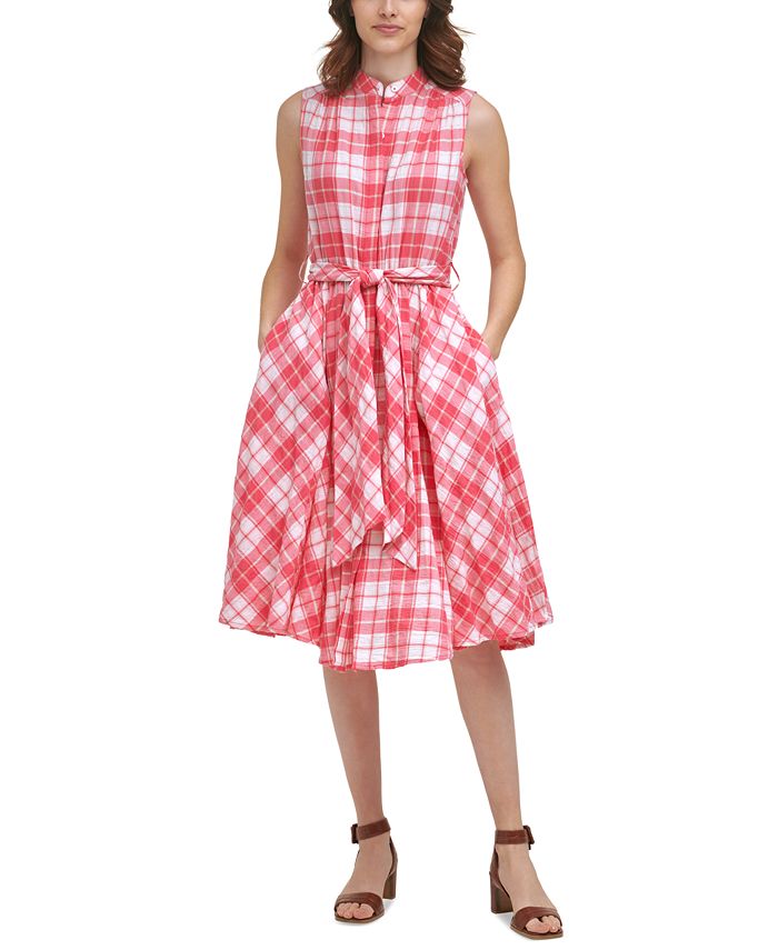 Calvin Klein Belted Plaid A-Line Dress - Macy's
