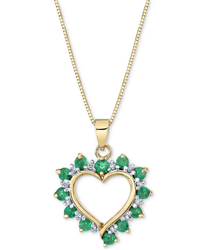 Macy's - Emerald (3/4 ct. t.w.) & Diamond (1/10 ct. t.w.) Open Heart 18" Pendant Necklace in 14k Gold