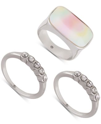 GUESS Silver-Tone 3-Pc. Set Crystal & Stone Stack Rings - Macy's