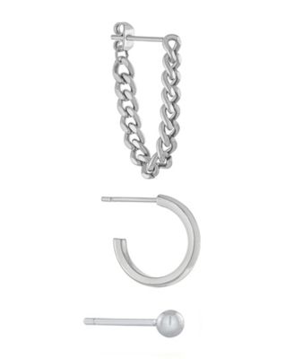 3pc Post Ball, Hoop and Chain Earring Set in Gold or Silver Plated