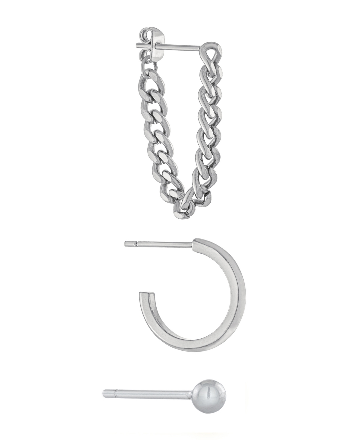 3pc Post Ball, Hoop and Chain Earring Set in Gold orPlated - Silver