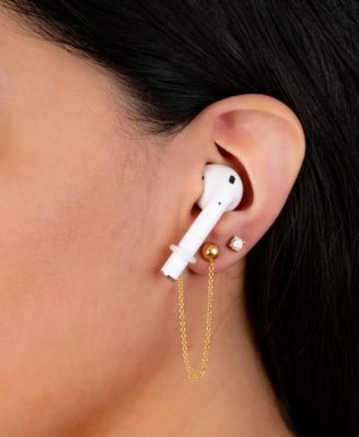 Cubic Zirconia Studs and Chain Drop Air Pods Holder in Gold Over Silver Plated