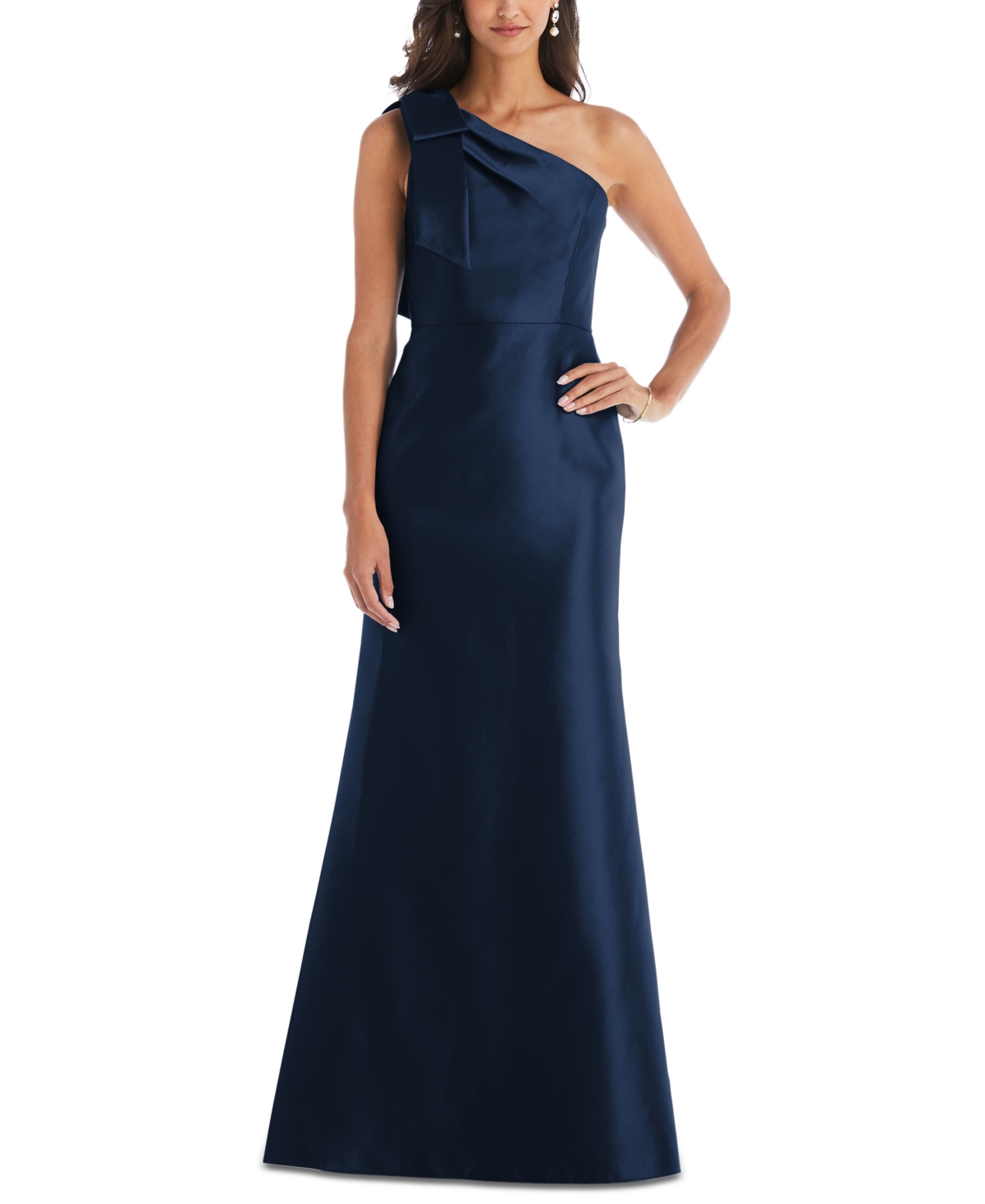 Alfred Sung Bow-Trim One-Shoulder Satin Gown