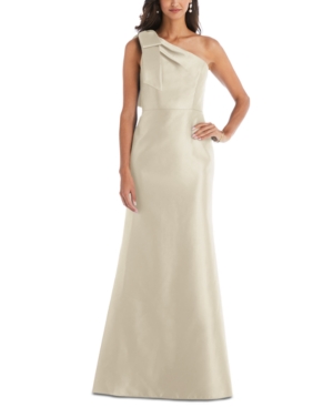 ALFRED SUNG BOW-TRIM ONE-SHOULDER SATIN GOWN