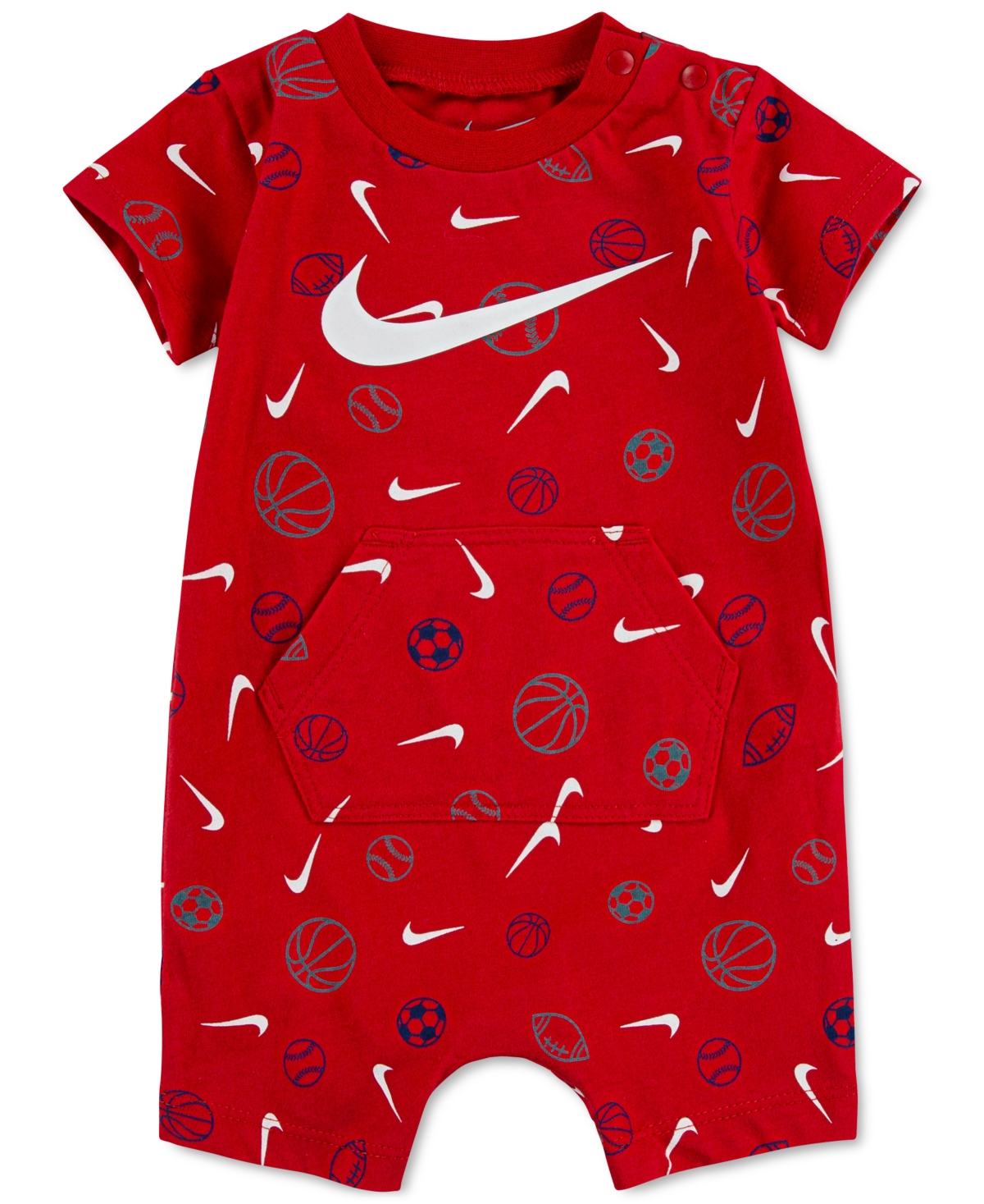 Shop Nike Baby Boys Sportsball Swoosh Printed Romper In Bright Red