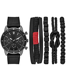 Men's Black Faux-Leather Strap Watch & Bracelets Gift Set 45mm