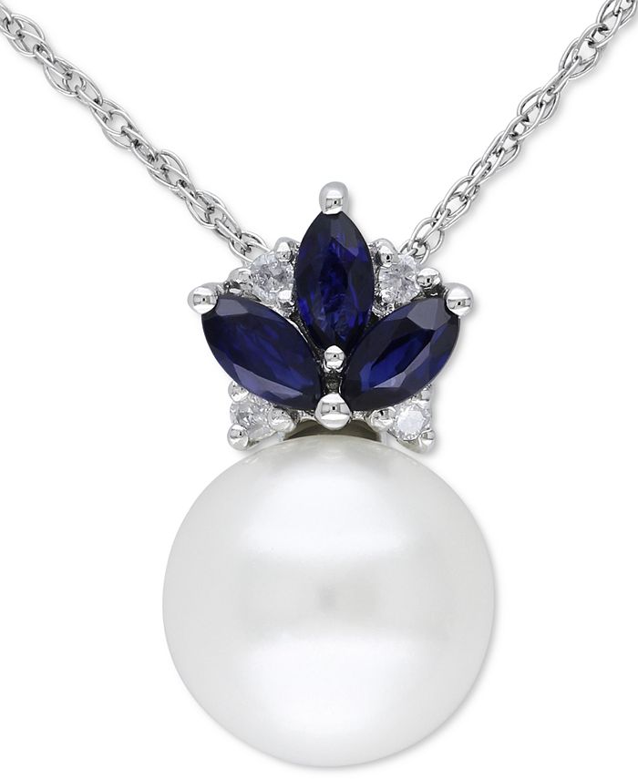 Macy's - Cultured Freshwater Pearl (8-1/2mm), Sapphire (1/3 ct. t.w.) & Diamond Accent 17" Pendant Necklace in Sterling Silver
