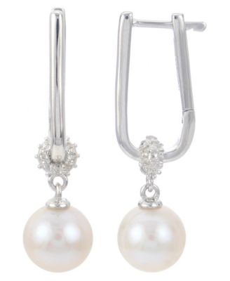 Macy's - Cultured Freshwater Pearl (8mm) & White Topaz (1/20 ct. t.w.) Drop Earrings in Sterling Silver