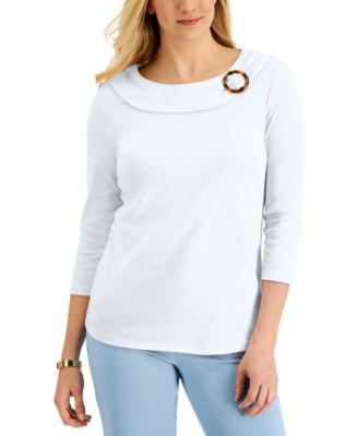 Karen Scott Solid Shawl-Collar 3/4-Sleeve Top, Created for Macy's - Macy's