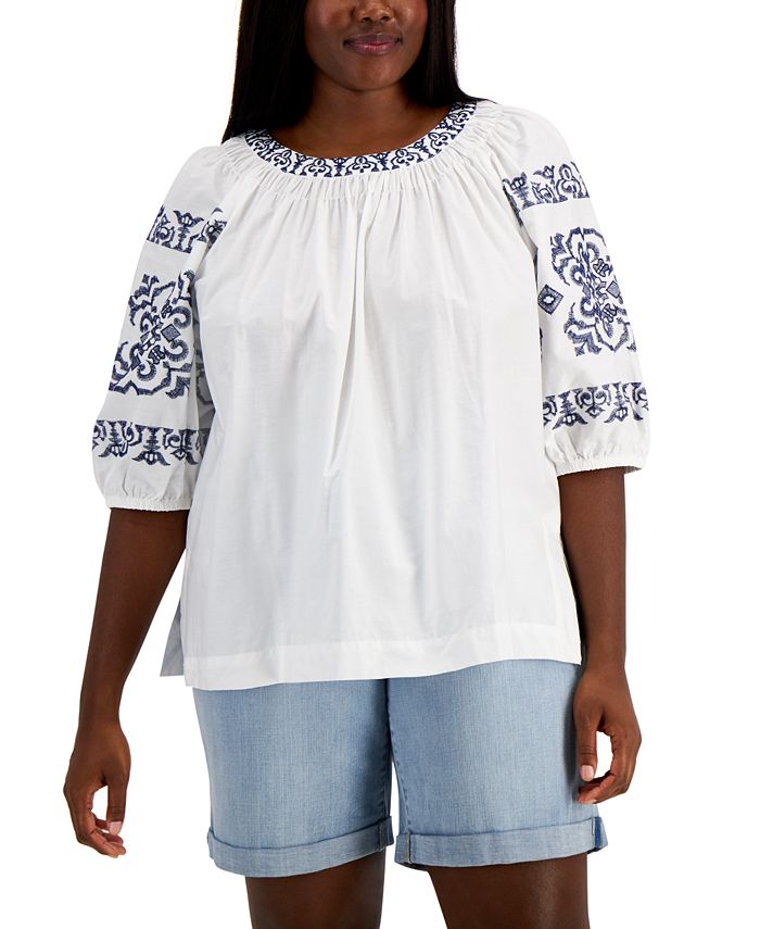 Tommy Hilfiger Plus Size Embroidered Smocked Top - Macy's