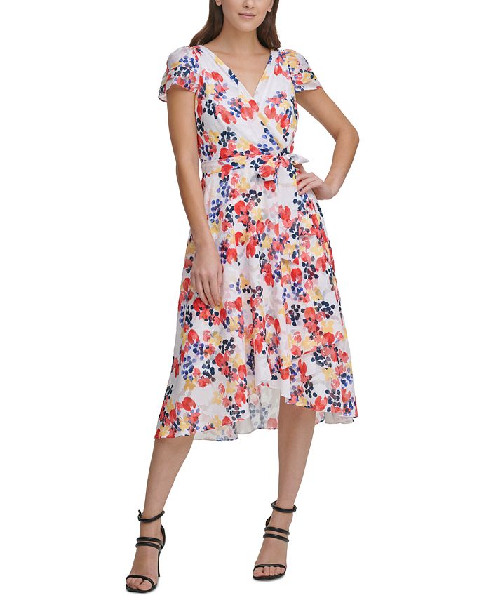 DKNY Floral-Print Faux-Wrap Midi Dress - Macy's