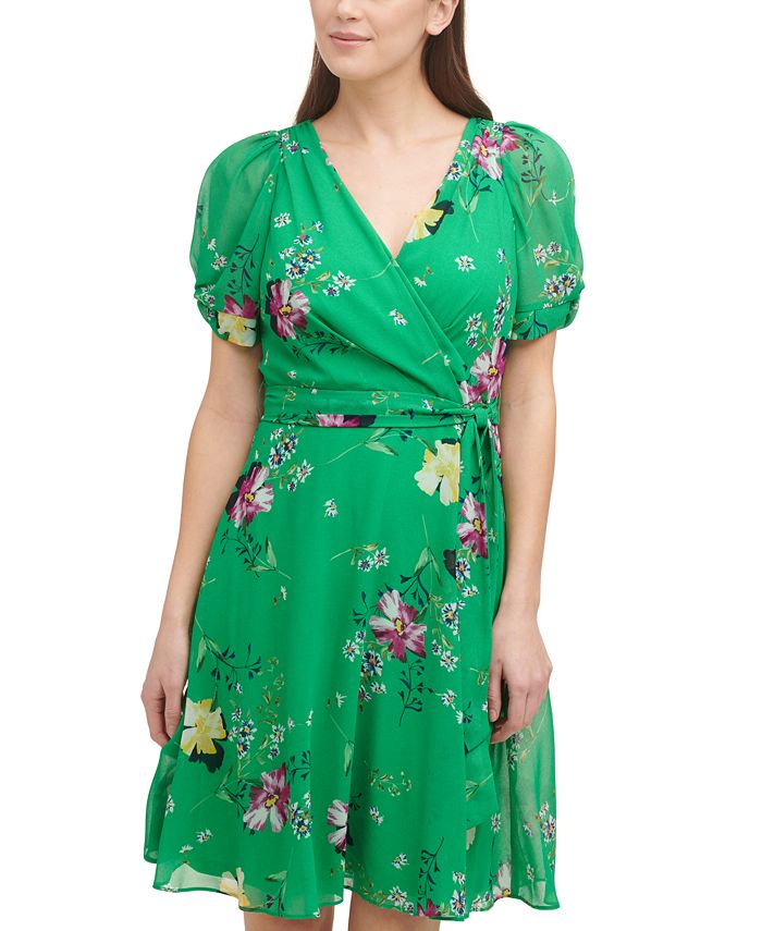 DKNY Floral-Print Knot-Sleeve Faux-Wrap Dress - Macy's