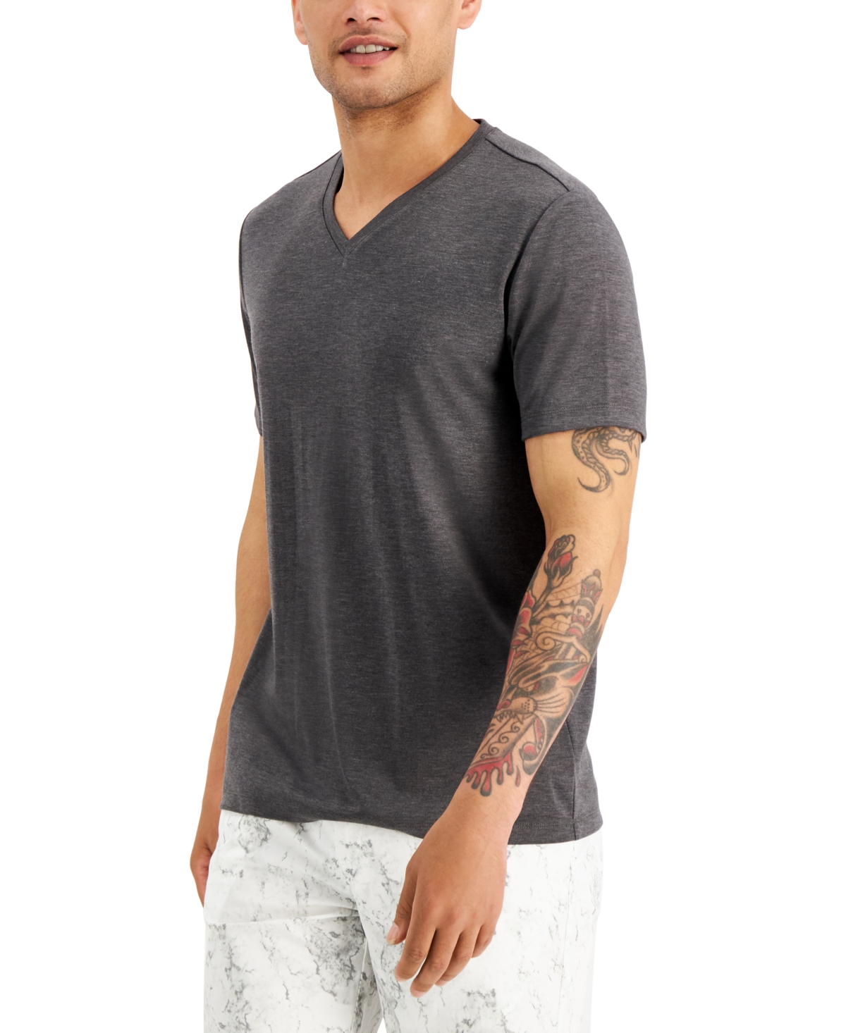 Alfani Men's Travel Stretch V-neck T-shirt, Created For Macy's In Onyx Heather