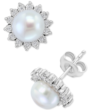 Effy Collection Effy Cultured Freshwater Pearl (7mm) & Diamond (1/10 Ct. T.w.) Stud Earrings In Sterling Silver